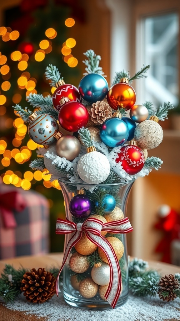 A decorative glass vase with Christmas ornaments and pinecones, set in a festive holiday setting.